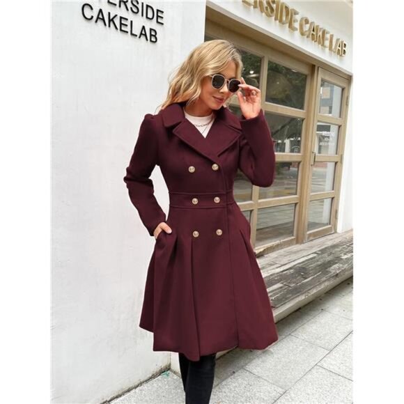 Women's Fashion Trench Coat Notch Lapel Double Breasted Burgundy - Picture 4 of 5